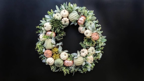 Fall Wreath, Halloween Wreath, Pumpkin Wreath, Cream and Green Pumpkin Wreath