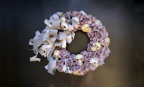 Gothic Gray Skull and Rose Halloween Wreath