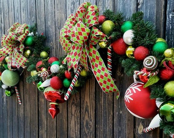 Christmas Garland, Holiday Garland, Mantel Garland, Fireplace Garland, Custom 9 Foot Pine Garland With Red, Green, and White Ornaments