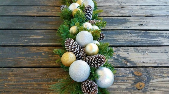 Garland, Christmas Garland, Holiday Garland, Mantel Garland, Fireplace Garland, 6 FT Pine Garland With Pine Cones and Silver/Gold Ornaments