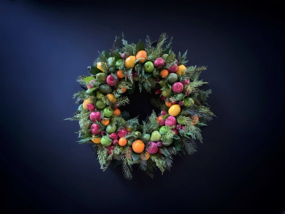 Wreath, Sugared Fruit Wreath with Artificial Christmas Greenery, Sugared Fruit Wreath, Christmas Wreath