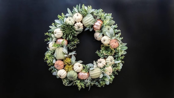 Fall Cream Pumpkin, Lambs Ear, and Eucalyptus Wreath