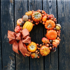 Thanksgiving Wreath, Pumpkin and Acorn Wreath, Fall Wreath, Halloween Wreath, Autumn Wreath, Orange and Gold Pumpkin Wreath