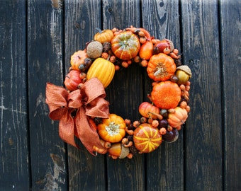 Thanksgiving Wreath, Pumpkin and Acorn Wreath, Fall Wreath, Halloween Wreath, Autumn Wreath, Orange and Gold Pumpkin Wreath