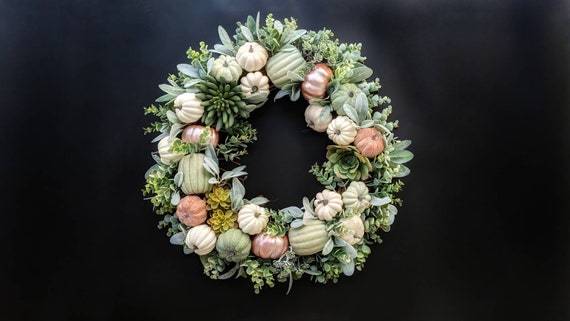 Thanksgiving Wreath - Pumpkin and Squash Wreath - Lambs Ear, Eucalyptus, Succulent, and Pumpkin Wreath, Halloween Wreath