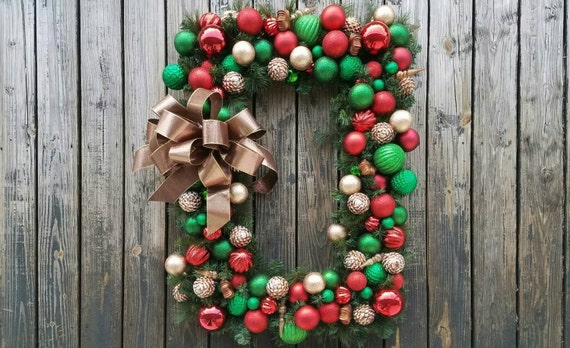 Christmas Wreath, Holiday Wreath, Ornament Wreath, Large Ornament Wreath With Red, Green, And Bronze Shatterproof Ornaments