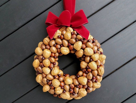 Christmas Wreath, Holiday Wreath, Nut and Berry Wreath. REAL NUTS