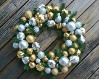 Christmas Wreath, Holiday Wreath, Ornament Wreath with Gold and Silver Ornaments