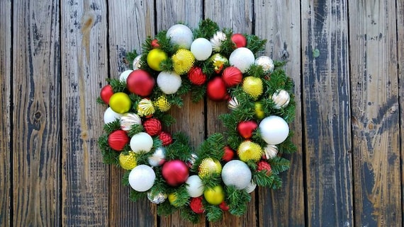 Christmas Wreath, Holiday Wreath, Ornament Wreath, Custom 20 Inch Pine Wreath With Red, Lime Green, White, and Silver Ornaments