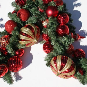 Christmas Garland, Holiday Garland, Mantel Garland, Fireplace Garland, Custom 9 Foot Pine Garland With Red And Gold Ornaments