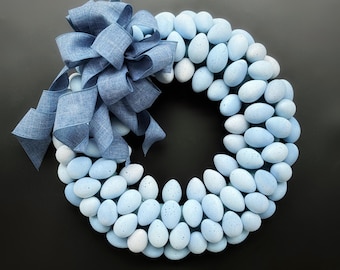 Speckled Easter Egg Wreath: Pale Blue Denim Bow, Spring Decor