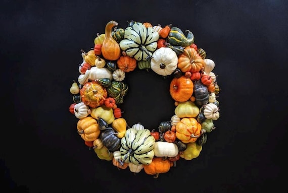 Fall Thanksgiving Wreath With Artificial Pumpkins and Gourds