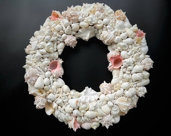 Wreath  -  Shell Wreath  -  Sea Shell Wreath - White Shell Wreath With Pops of Pink