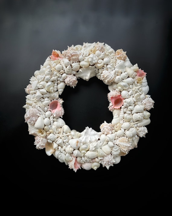 Wreath  -  Shell Wreath  -  Sea Shell Wreath - White Shell Wreath With Pops of Pink