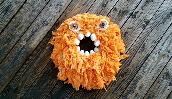 Halloween Wreath, Monster Wreath, Hand Dyed Orange Gauze Wreath