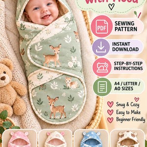 Op de afbeelding: Een digitaal naaipatroon voor een babyslaapzak met capuchon, uitgevoerd in groene stof met een print van reeën en bladeren. De afbeelding bevat de tekst: Baby Swaddle with Hood, PDF SEWING PATTERN, INSTANT DOWNLOAD, STEP-BY-STEP INSTRUCTIONS, A4 / LETTER / AO SIZES.