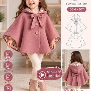 Könnte beinhalten: Ein PDF-Schnittmuster für ein Kinder-Cape mit Kapuze, Größen 06M bis 10Y. Das Modell zeigt ein altrosa Cape mit Blumenfutter, einer Schleife vorne und zwei Knöpfen. Enthält A4-, US Letter- und A0-Formate sowie eine Video-Anleitung.
