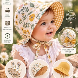 May include: A PDF sewing pattern for a baby sun bonnet hat, featuring text including Baby Sun Bonnet Hat, Easy Step-By-Step Tutorial, and For 0 to 24 Months. The design shows floral and gingham fabric options, bow and ear details, and a reversible style.