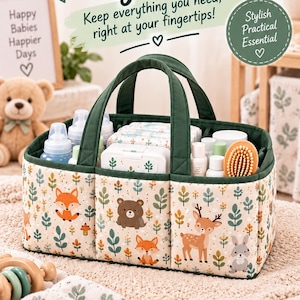 May include: A rectangular fabric baby caddy organiser with dark green handles and trim, featuring a cream-coloured exterior with a repeating pattern of cartoon forest animals including foxes, bears, deer, and rabbits, filled with various baby care items.