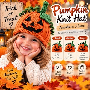 May include: An orange knit hat shaped like a pumpkin with a green stem and curly vine. The hat features a black jack-o'-lantern face. Text on the image includes Pumpkin Knit Hat, Trick or Treat, and size charts showing 16 cm, 18 cm, and 20 cm.