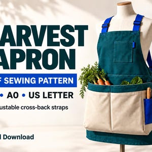 Pode incluir: Um avental de colheita verde-azulado com bolsos frontais bege e alças cruzadas ajustáveis em azul brilhante. O texto diz HARVEST APRON, PDF SEWING PATTERN, A4, A0, US LETTER, Adjustable cross-back straps e Digital Download.