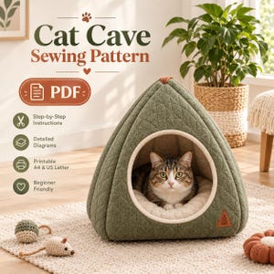 Pode incluir: Um molde de costura digital para uma toca triangular para gatos, com o texto Cat Cave Sewing Pattern e PDF. O molde inclui instruções passo a passo, diagramas detalhados e é imprimível nos formatos A4 e US Letter.