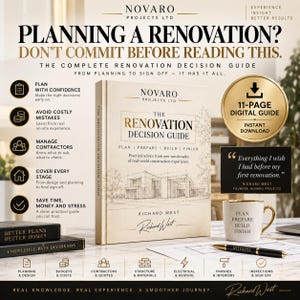 May include: A beige book titled The Renovation Decision Guide by Richard West, featuring a line drawing of a house. Beside it sits a white mug with gold trim, a black pen, and two black books labeled Better Plans Better Homes and Knowledge Pays Dividends.