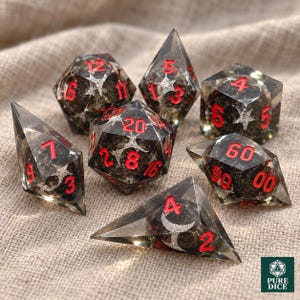 Black Resin DnD Dice Set, Red Numbers, Celestial Accents (7-Piece Polyhedral Set)