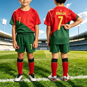 May include: A soccer uniform consisting of a red and green jersey and shorts. The jersey features the name RONALDO and the number 7 in yellow on the back, with the number 7 on the front. The shorts include a crest and the number 7 in yellow.