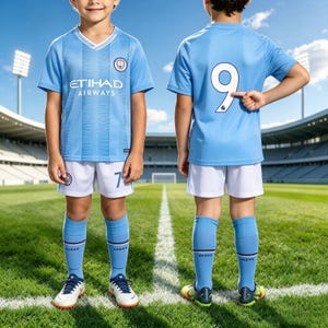 May include: A light blue soccer jersey with white trim, the Etihad Airways logo, and a team crest, paired with white shorts featuring a number 7 and light blue socks. The back of the jersey displays the number 9 in large white font.