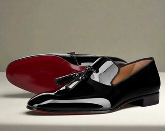 Men's Black Patent Leather Tassel Loafers: Red Sole Slip-Ons