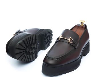 Handgefertigte Herren-Lederslipper mit Plateausohle, dunkelbraun