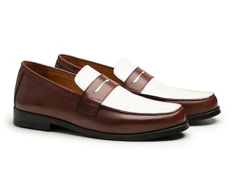 Handgjorda tvåfärgade läderloafers, slip-ons för män