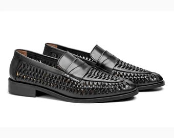 Schwarze Huarache-Penny-Loafer für Herren, Echtleder, zum Hineinschlüpfen