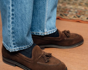 Handmade Brown Suede Tassel Loafers for Men – Classic Slip-On Dress Shoes