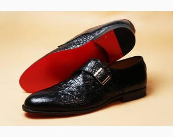 Men’s black crocodile embossed monk strap dress shoes, red sole, handmade
