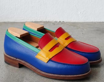 Color Block leren loafers: handgemaakte unisex penny mocassins