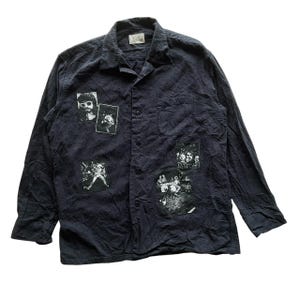 Vintage Custom Patchwork Kurt Cobain Dark Navy Shirt | Hand Screen Printed DIY Punk Rock Patches Button Up | Upcycled One of a Kind Top