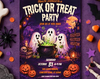 Einladung zur Halloween-Party für Kinder, bearbeitbare Canva-Vorlage für eine „Süßes oder Saures“-Party, digitaler Download
