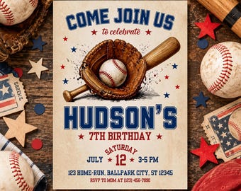 Baseball-Geburtstagseinladung, bearbeitbare Canva-Kinderparty-Einladung, digitaler Download