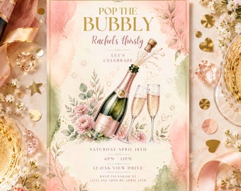Elegante, editierbare Geburtstagseinladungsvorlage im Champagner-Design für besondere Anlässe, inklusive Optionen zum Selbermachen oder Personalisieren.