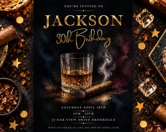 Vorlage für eine personalisierbare Einladung zum 30. Geburtstag im Whisky-Stil, stilvoller digitaler Download, selbst ausdruckbare Einladung