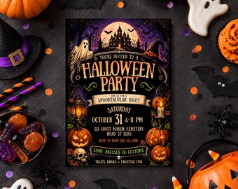Halloween-Party-Einladung, bearbeitbare Canva-Vorlage für eine gruselige Party, digitaler Download