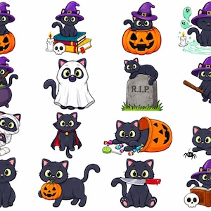May include: A collection of sixteen cartoon illustrations featuring black cats in various Halloween costumes and scenarios, including pumpkins, witch hats, ghosts, mummies, vampires, tombstones with R.I.P. text, brooms, candy, and skulls.