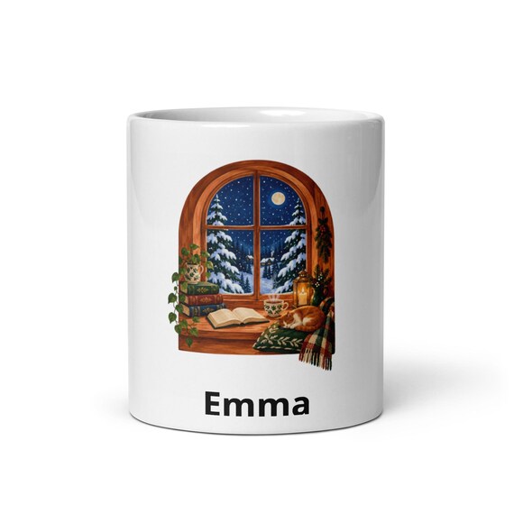 Personalized Book Lover Mug, Cozy Winter Reading Nook with Cat, Custom Name Ceramic Coffee Cup 11 oz