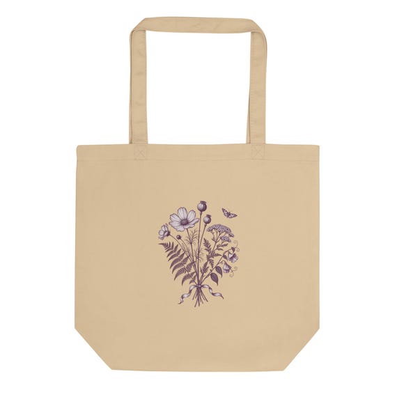 Vintage Botanical Tote Bag, Aubergine Floral Print, Organic Cotton Market Bag