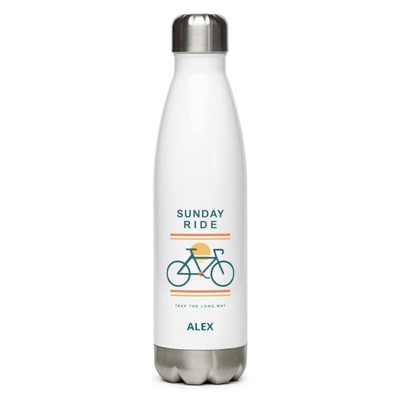 Personalized Cycling Water Bottle, Sunday Ride Design, 17 oz Stainless Steel (Custom Name)