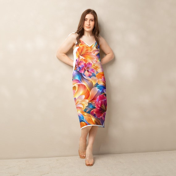 Vibrant Floral Midi Slip Dress, Tropical Summer Dress, Tie-Strap Design