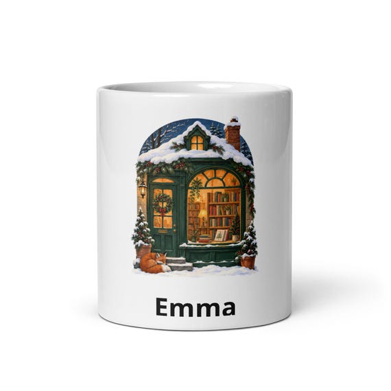 Personalized Fox Bookshop Mug, Winter Book Lover Gift, Custom Name Ceramic Coffee Cup (11 oz)