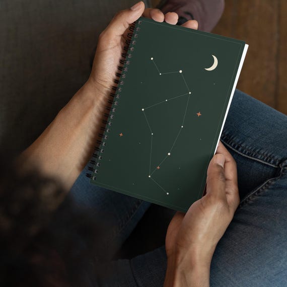 Celestial Spiral Notebook, Green Constellation and Crescent Moon Cover, Gift for Stargazers